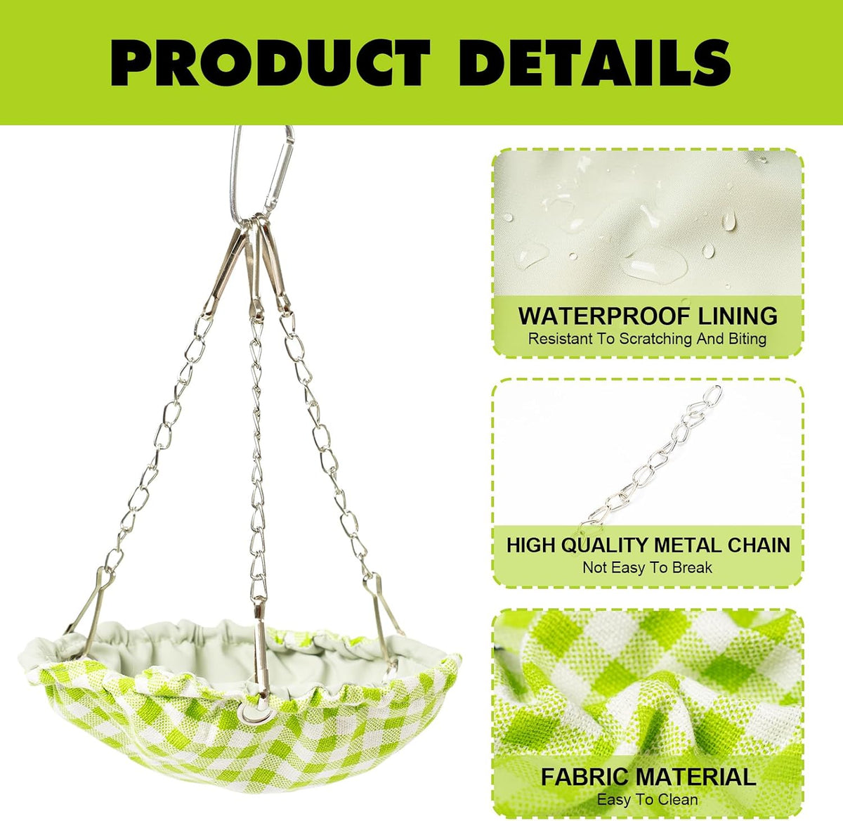Hanging Bird Bed for Cage, Waterproof Plaid Bird Hammock, Swing Perch for Small Bird, Bird Cage Accessories, Hanging Swing Bed for Parrot, Parakeet, Canary (Green)