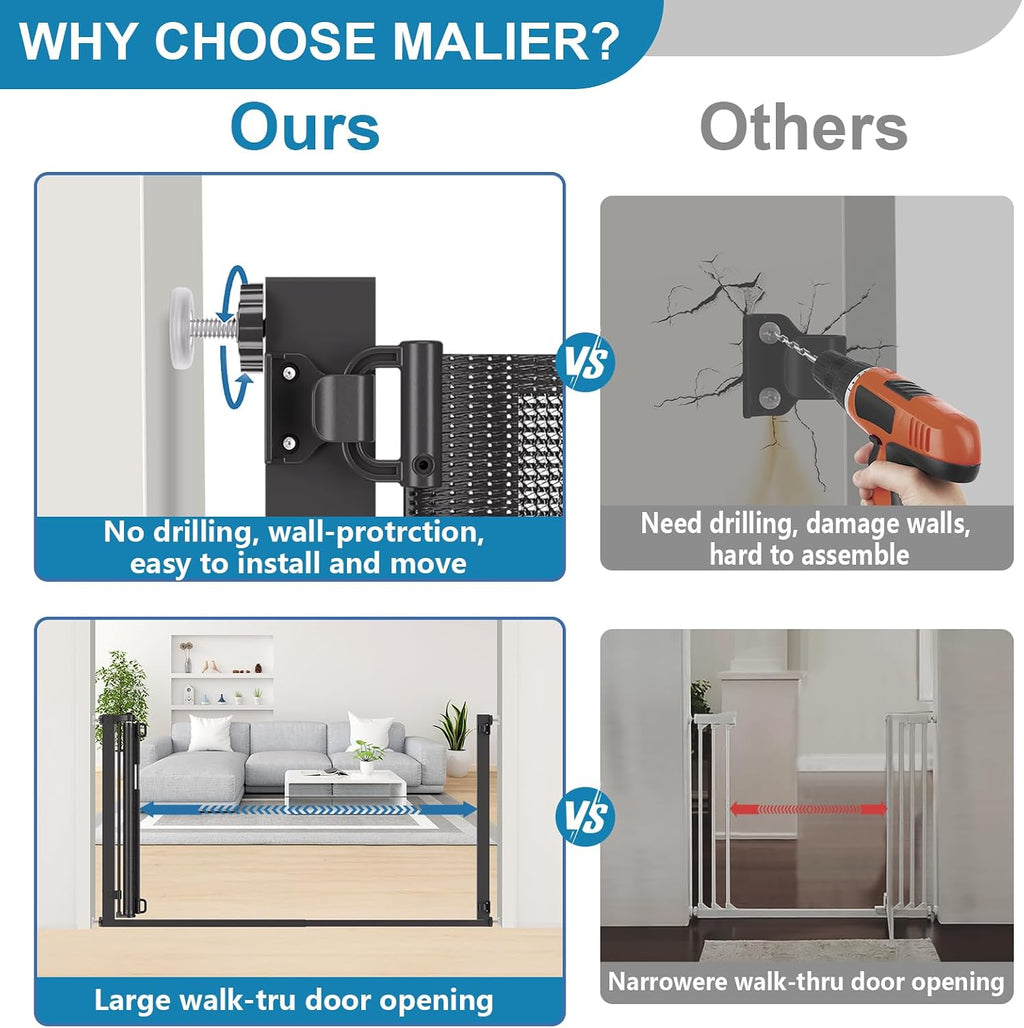 Malier Retractable Dog Gate, 29-42" No Drilling Pressure Mounted Mesh Dog Gate for Indoor, Extra Wide Metal Frame Pet Gate Walk Through Safety Black for Stairs, Doorways (Black, 29 x 42 Inch)