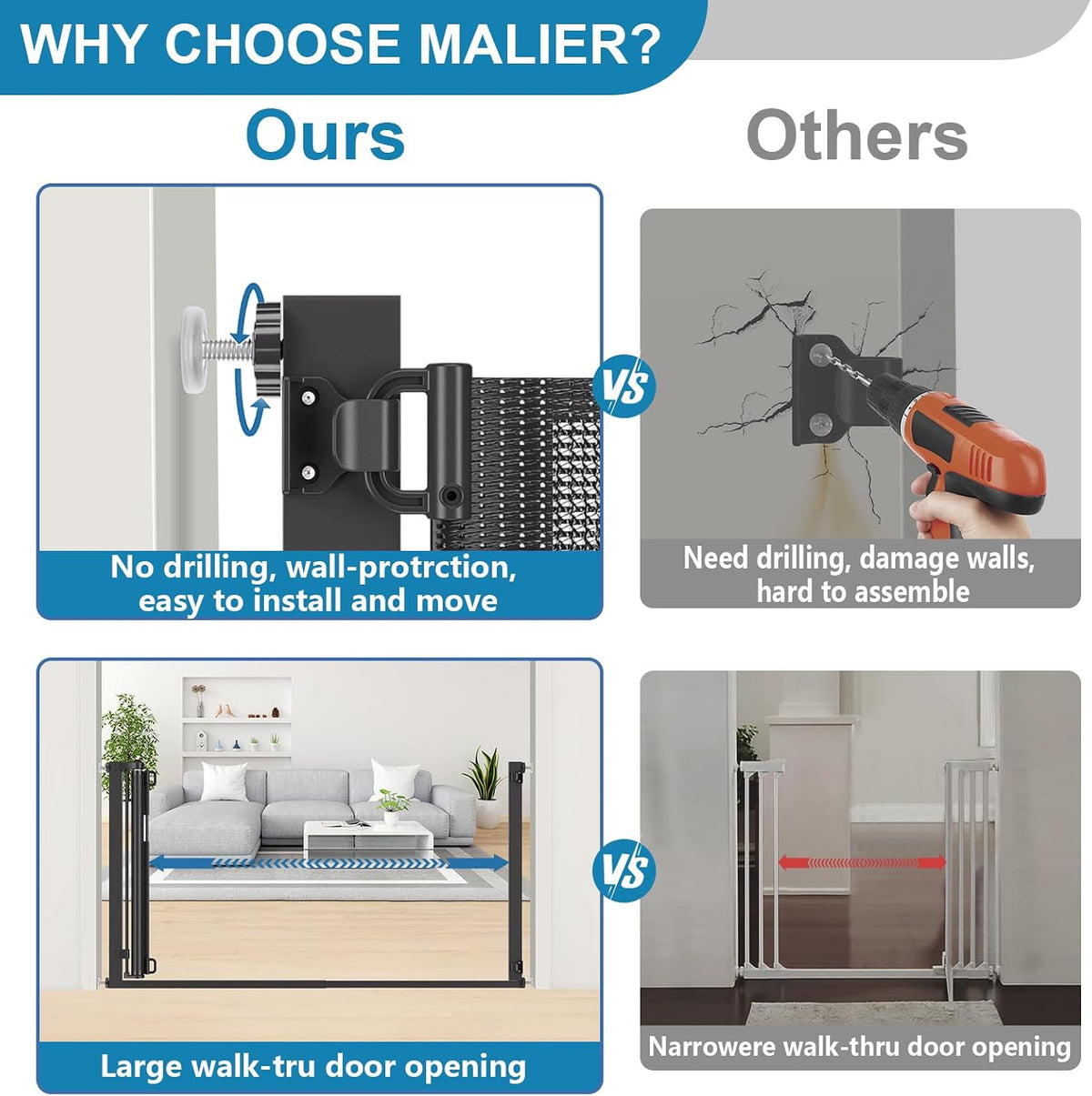 Malier Retractable Dog Gate, 29-42" No Drilling Pressure Mounted Mesh Dog Gate for Indoor, Extra Wide Metal Frame Pet Gate Walk Through Safety Black for Stairs, Doorways (Black, 29 x 42 Inch)
