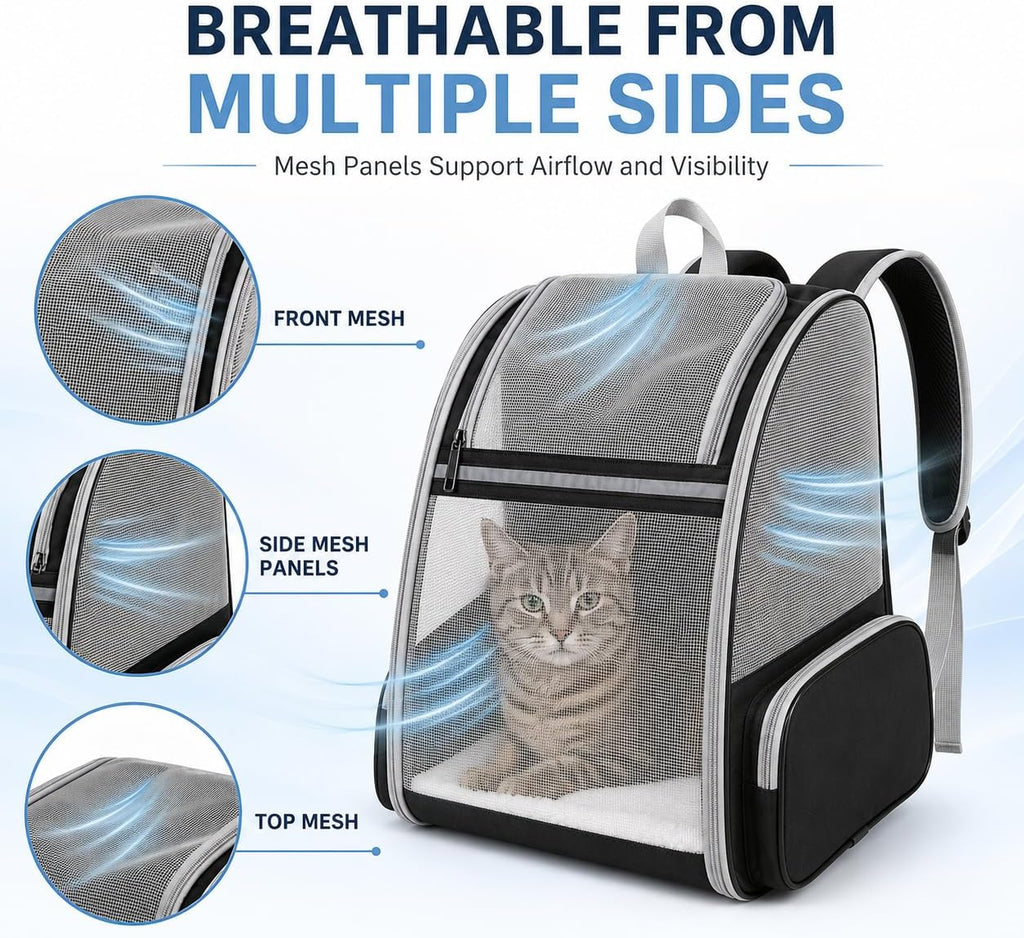 Cat Carrier Backpack for Cats and Small Dogs up to 15 lbs, Soft-Sided Foldable Pet Carrier with Breathable Mesh, Front Upper&Dual Side Entry, Support Frame, Hard Bottom for Vet Visits and Air Travel