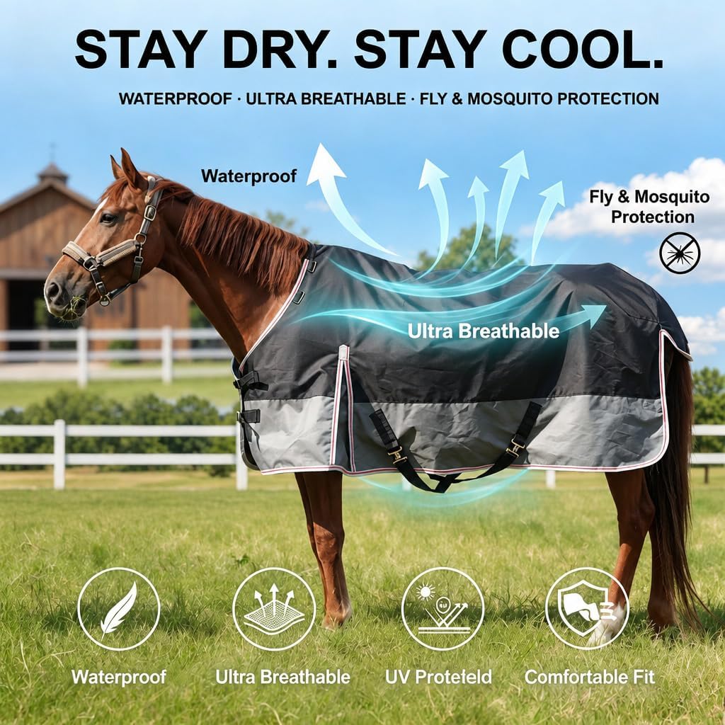 Equoray Horse Rug Fly Sheet Waterproof Rainproof Mosquito Repellent Breathable Turnout Blanket for Horses Spring or Mild Weather Use, Black