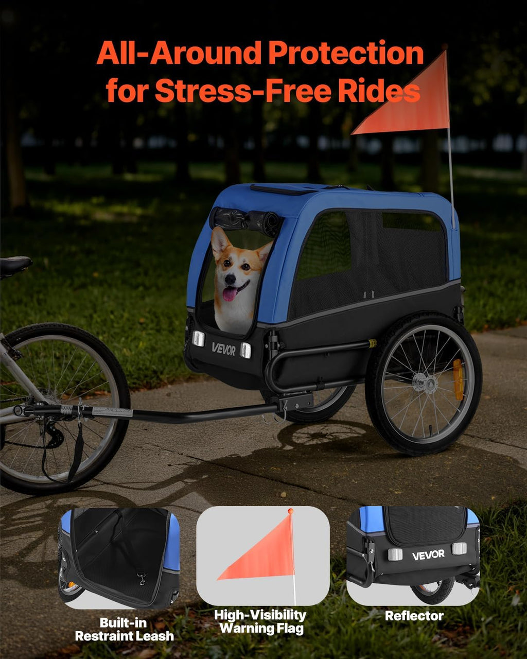 VEVOR Dog Bike Trailer, Supports up to 66 lbs, Pet Cart Bicycle Carrier