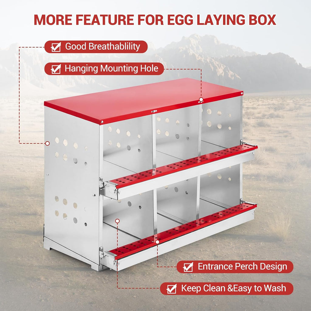 GarveeLife Chicken Nesting Box Metal with Swing Perch and Roll Out Egg Collection, 6 Compartments Egg Laying Box for Hens Chickens Ducks, Vented & Easy Clean for Coop