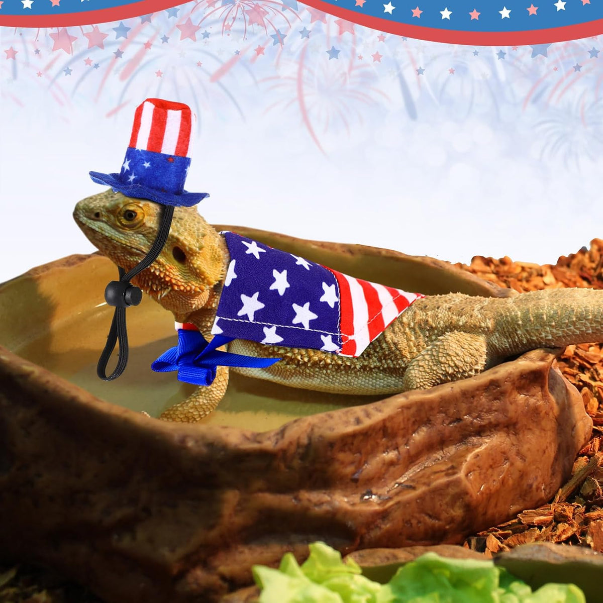 8 Pcs Independence Day Bearded Dragon Costume 4th of July Guinea Pig Hat and Cloak Adjustable Lizard Bandanas American Flag Cap for Small Animals Lizards Bearded Dragons