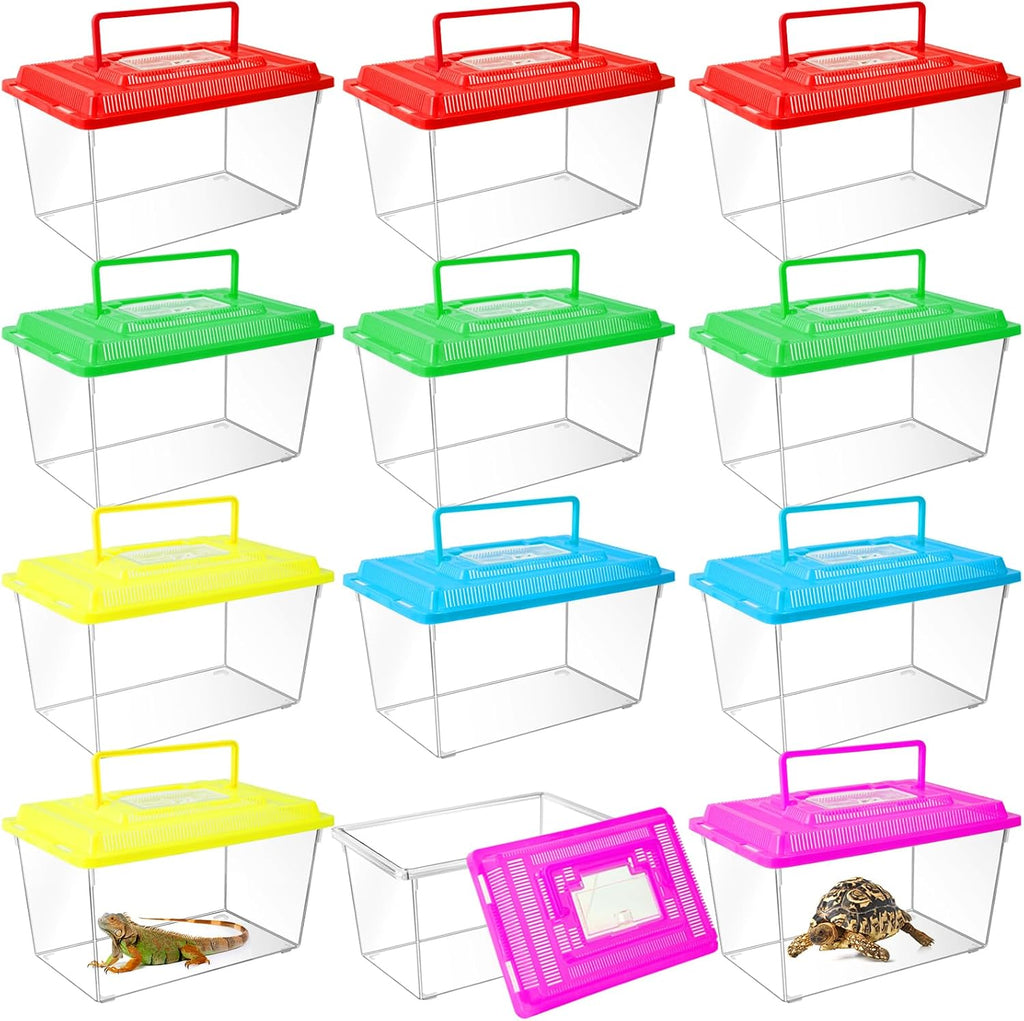 12Pcs Plastic Reptile Terrariums Carrier Cage, Tarantula Enclosure Snake Breeding Box Hatching Container Transparent Fish Tank Turtle Aquarium with Random Color Lid for Shrimp, S(5.9" x 3.5" x 4.3")