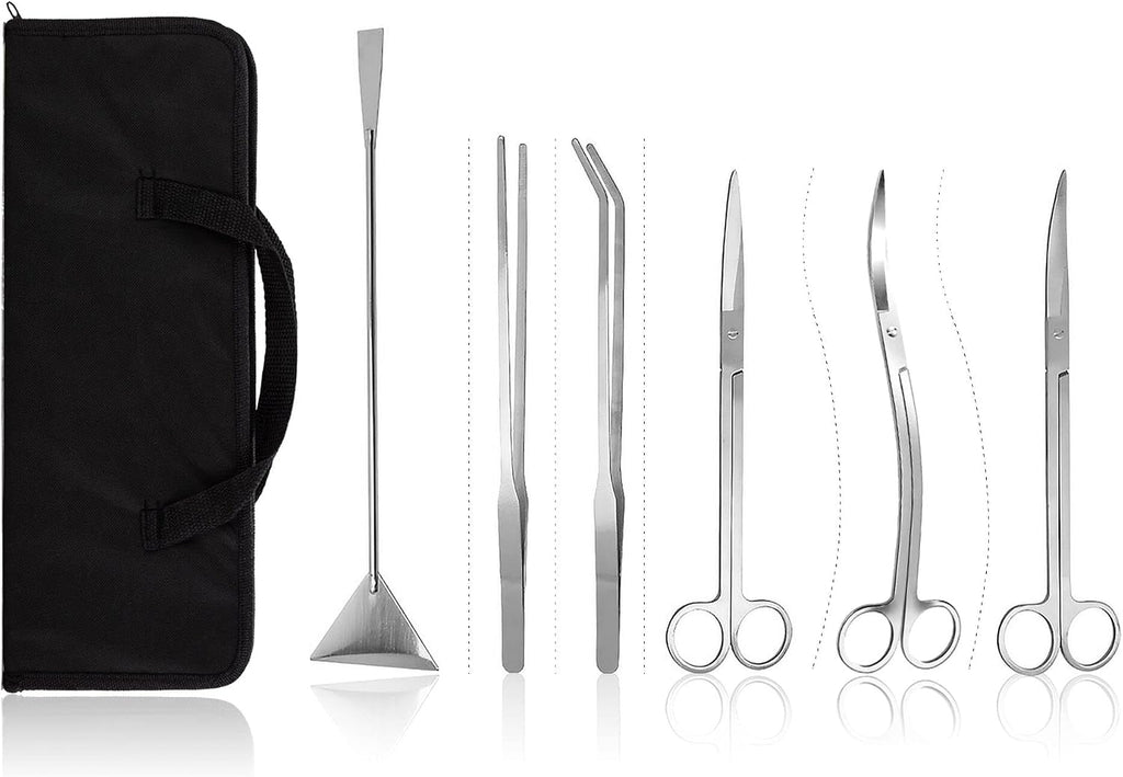 Aquascaping Tools 7 in 1 Kit Aquarium Plant Scissors Tools Set Curved & Waved Scissor Tweezers Spatula Stainless Steel Anti Rust Tools for Fish Tank Cleaning Plant Trimming