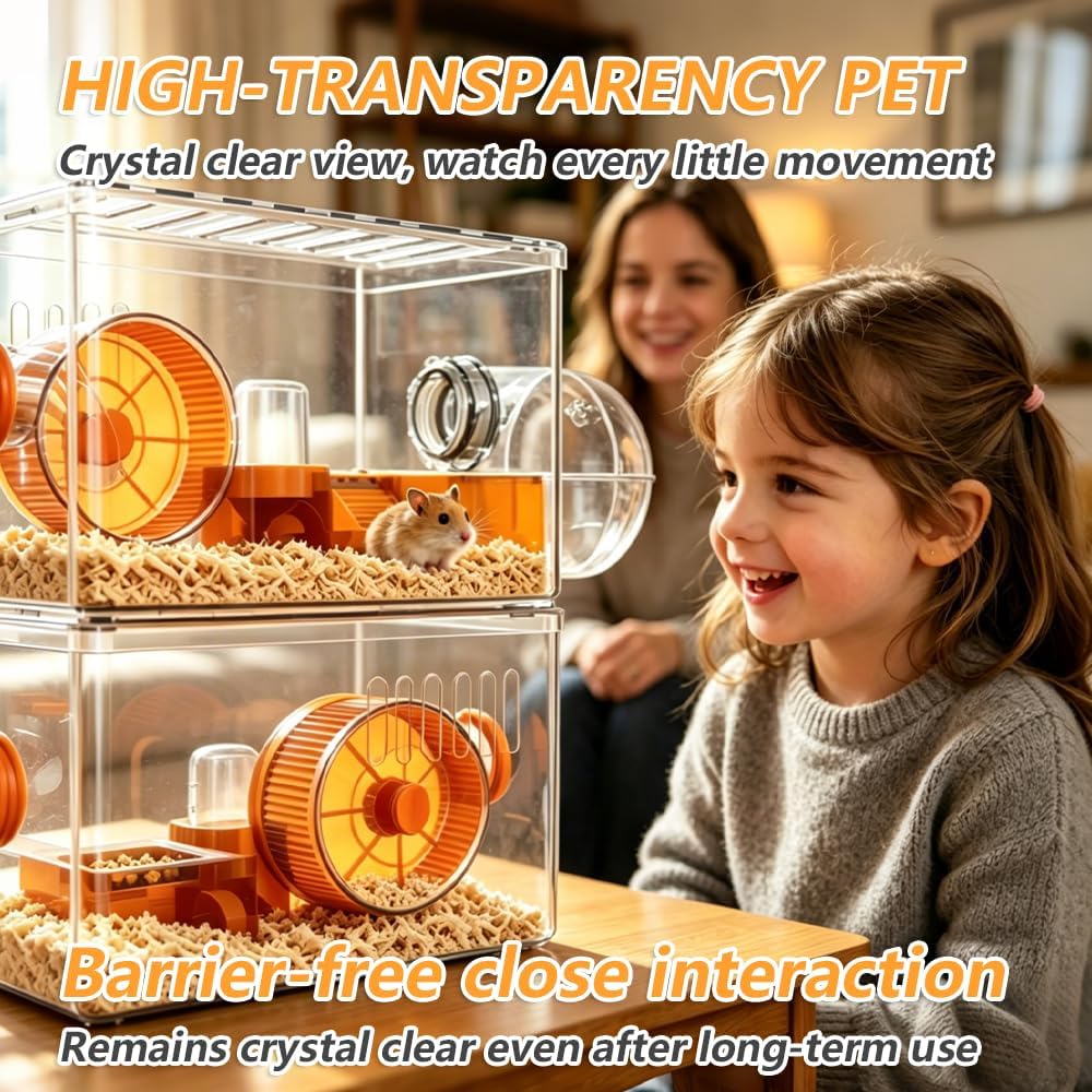 8-in-1 Transparent 2-Tier Hamster Cage Set, All-in-One No Assembly, DIY Stackable Expandable, 15.75×9.84×18.9 in, Starter/Transition Cage for Dwarf & Baby Hamsters,Fits Small Space/Kid’s Room