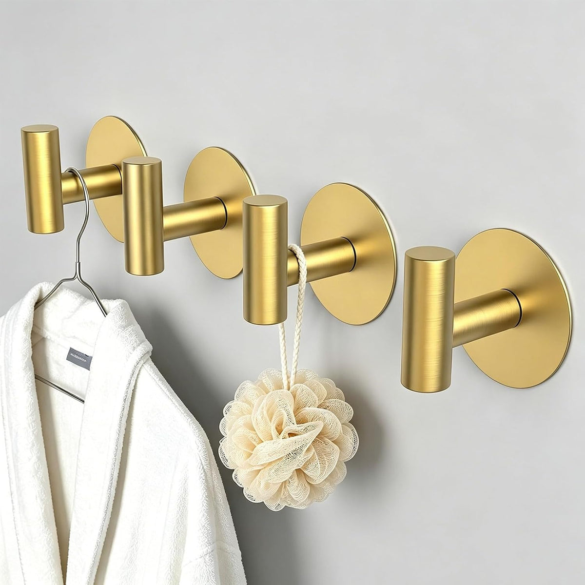 Gold Stainless Steel Wall Hooks, Heavy Duty Self-Adhesive Hooks for Coats, Towels, Robes, Hats, Aprons – No Drill Bathroom, Kitchen, Hotel (4 Pack)