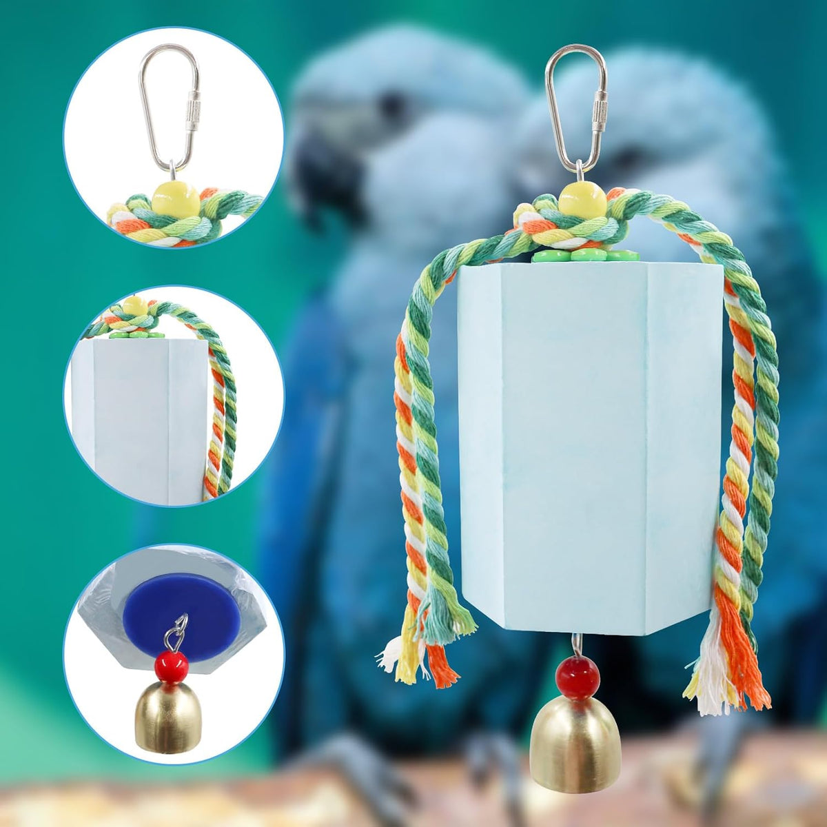 Bird Beak Grinding Stone, Parrot Chew Toys with Bells, Parakeet Toys, Cage Accessories for African Grey, Amazon Parrots, Budgies, Cockatiels, Lovebirds, Conures, Quakers, Small to Medium Birds