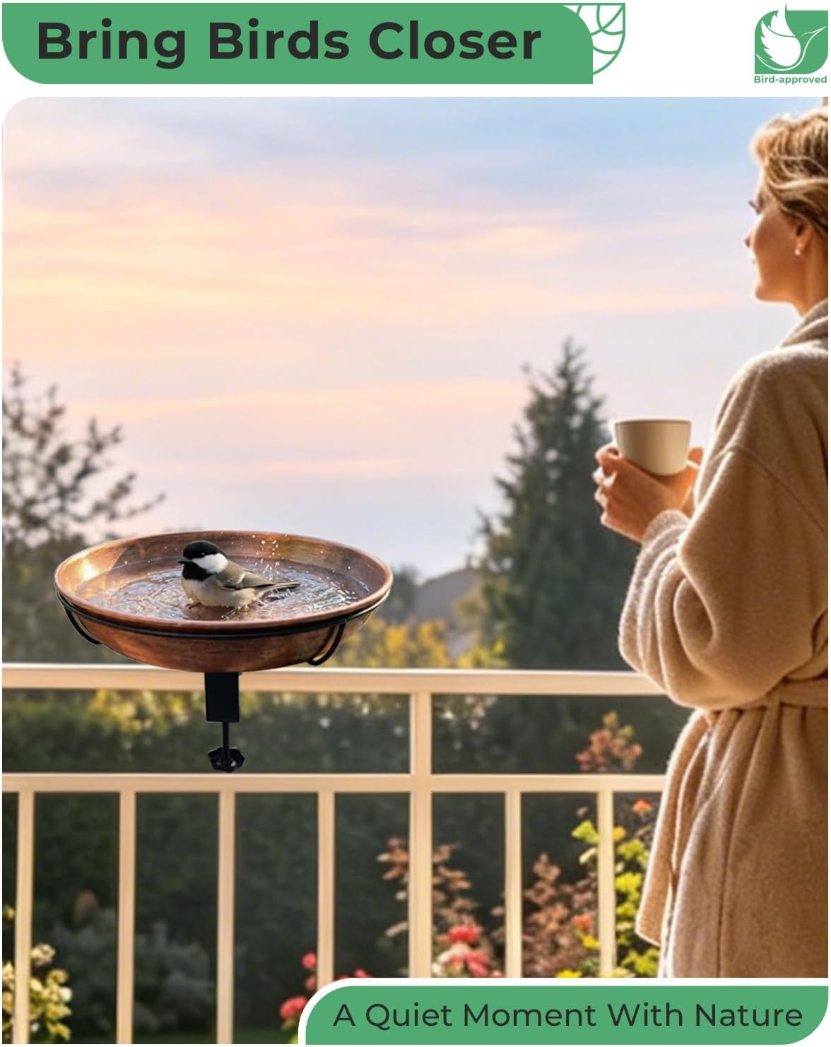 Deck Mounted Bird Bath with Adjustable Clamp, Removable Metal Bowl