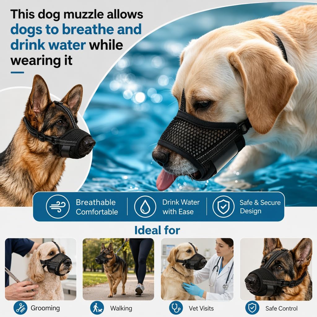 Freezx Muzzle for Dogs, Soft Mesh Breathable Adjustable Reflective Dog Muzzles to Prevents Scavenging Fierce Barking Biting Chewing, Ideal for Grooming Walking Vet Visits Allows Panting and Drinking