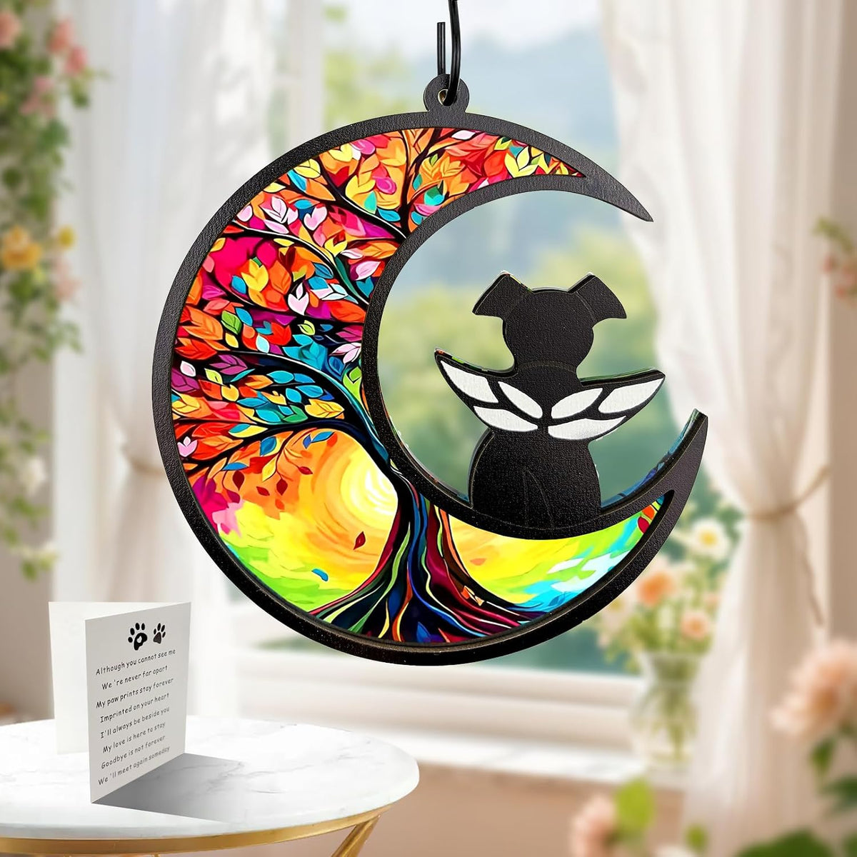 Dog Memorial Suncatcher,Pet Remembrance Gift with Sympathy Card,Tree of Life DIY Ornament for Loss of Dog(Angelic Halo)