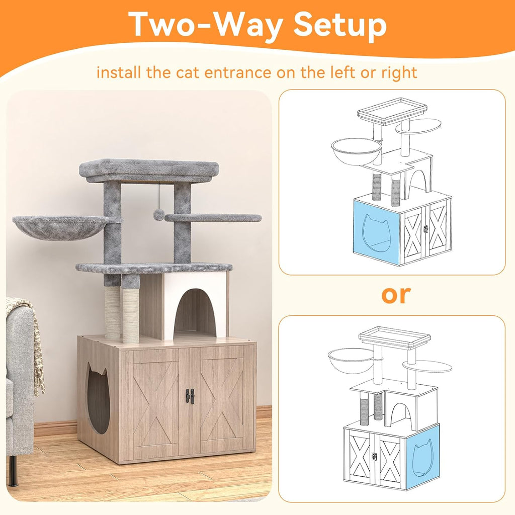 Litter Box Enclosure with Cat Tree,Cat Tree with Litter Box Enclosure,Hidden Pet Washroom Furniture with Sisal Scratching Post,Hammocks,Condo,Multiple Platform,Soft Plush Perch, Grey