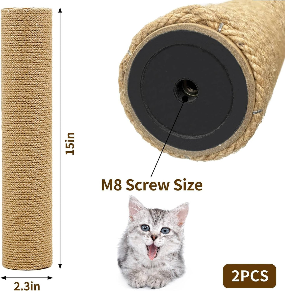 2PCS Cat Scratching Post Replacement 15" Natural Jute Spare Extension Scratch Post for Cats Tree DIY Craft Refill Pole Parts Hemp Rope Scratcher Climbing Perch