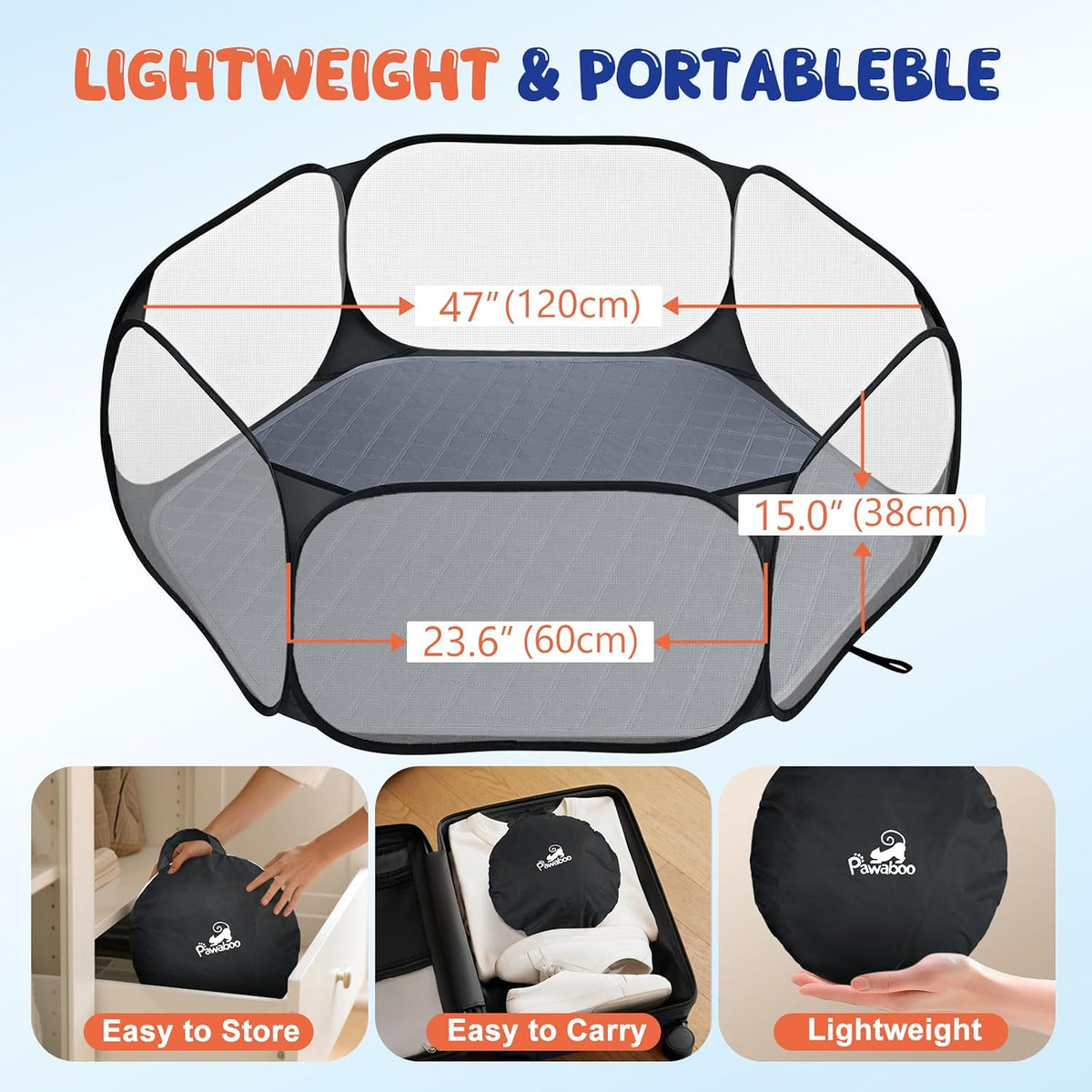 Pawaboo Small Animals Playpen with Pad, Black/Gray