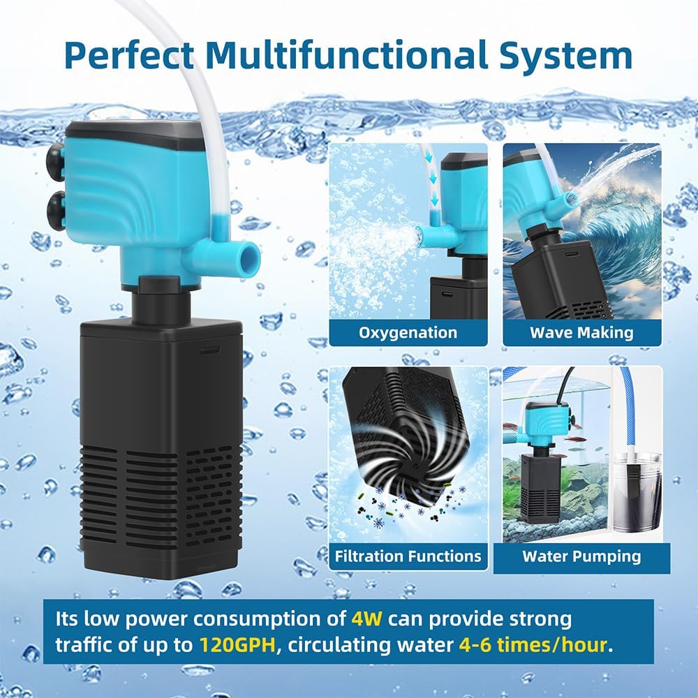 DaToo Aquarium Filter 35-75 Gallon Fish Tank Filter 400GPH Powerful Pump for Aquariums Adjustable Air Flow Submersible Internal Aquarium Filters for Pond Wavemaker Air Supply Freshwater and Saltwater