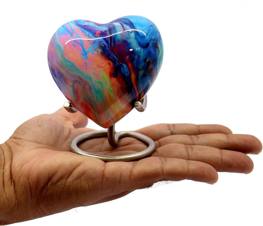 eSplanade Metal Mini Cremation Urn Heart-Shaped Keepsake Memorial Jar Pot Container | Small Urn for Funeral Ashes Burial | Wave Textured Metal Keepsake with Stand | Multicolor - 2.75" Inches