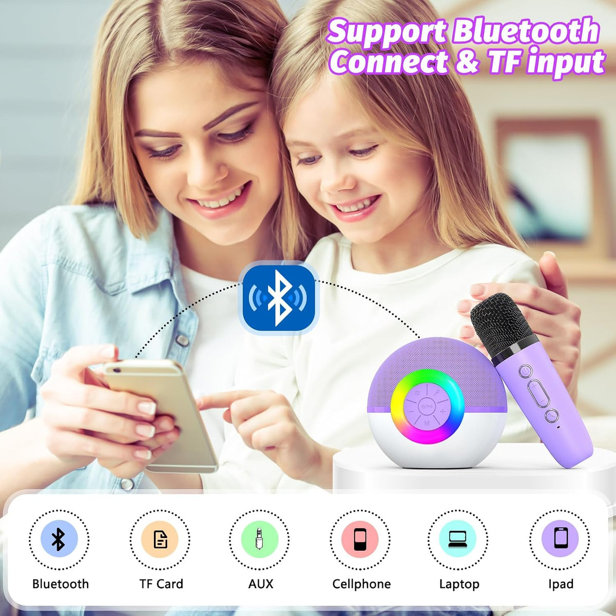 Mini Karaoke Machine Speaker for Kids Adults, Portable Bluetooth Microphone Song Toys with LED Light, Best Chritmas Birthday Festival Gift for 3 4 5 6 7 8+ Year Old Girls Boys (Purple-2MIC)