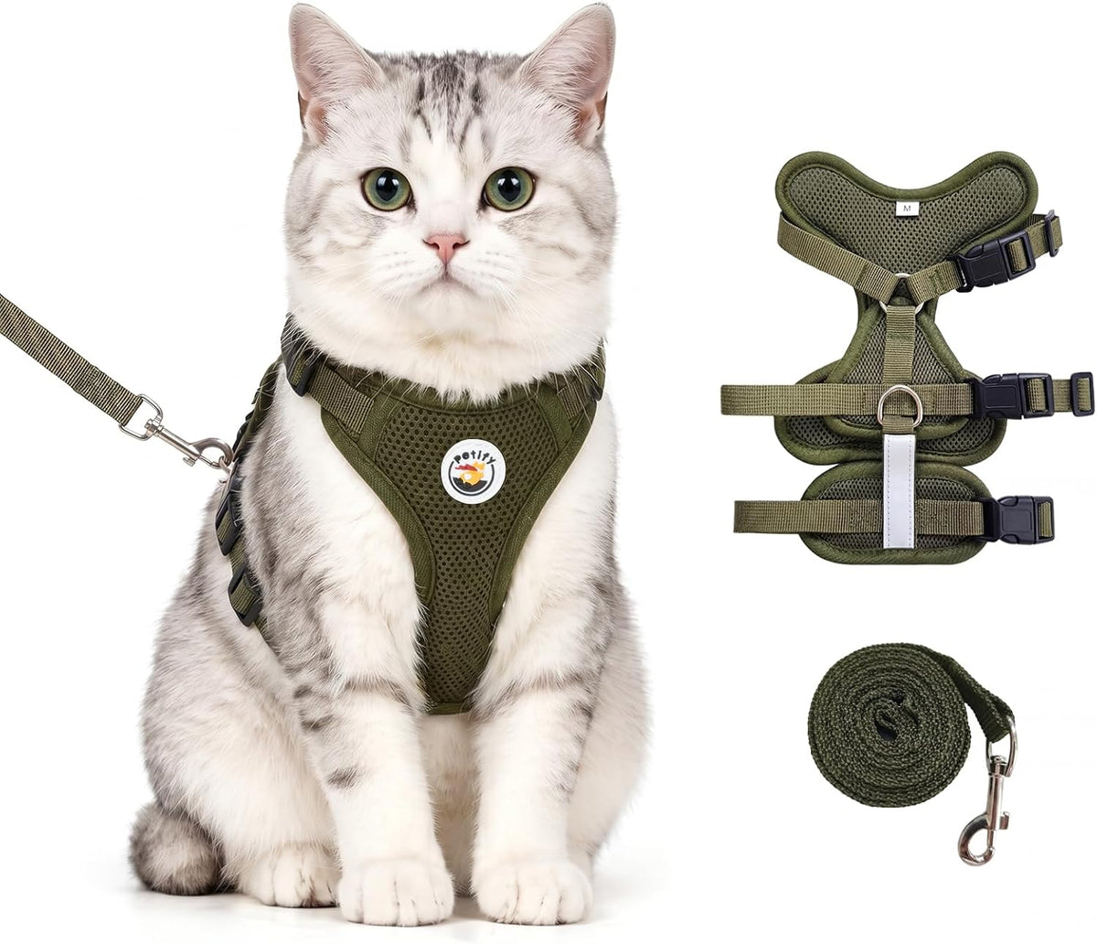 Escape Proof Cat Harness and Leash Set for Walking, 3-Point Adjustable Soft Mesh Kitty Vest Harness with Reflective Strip, Tactical Olive Green Adventure Pet Harness for Small to Medium Cats (S)