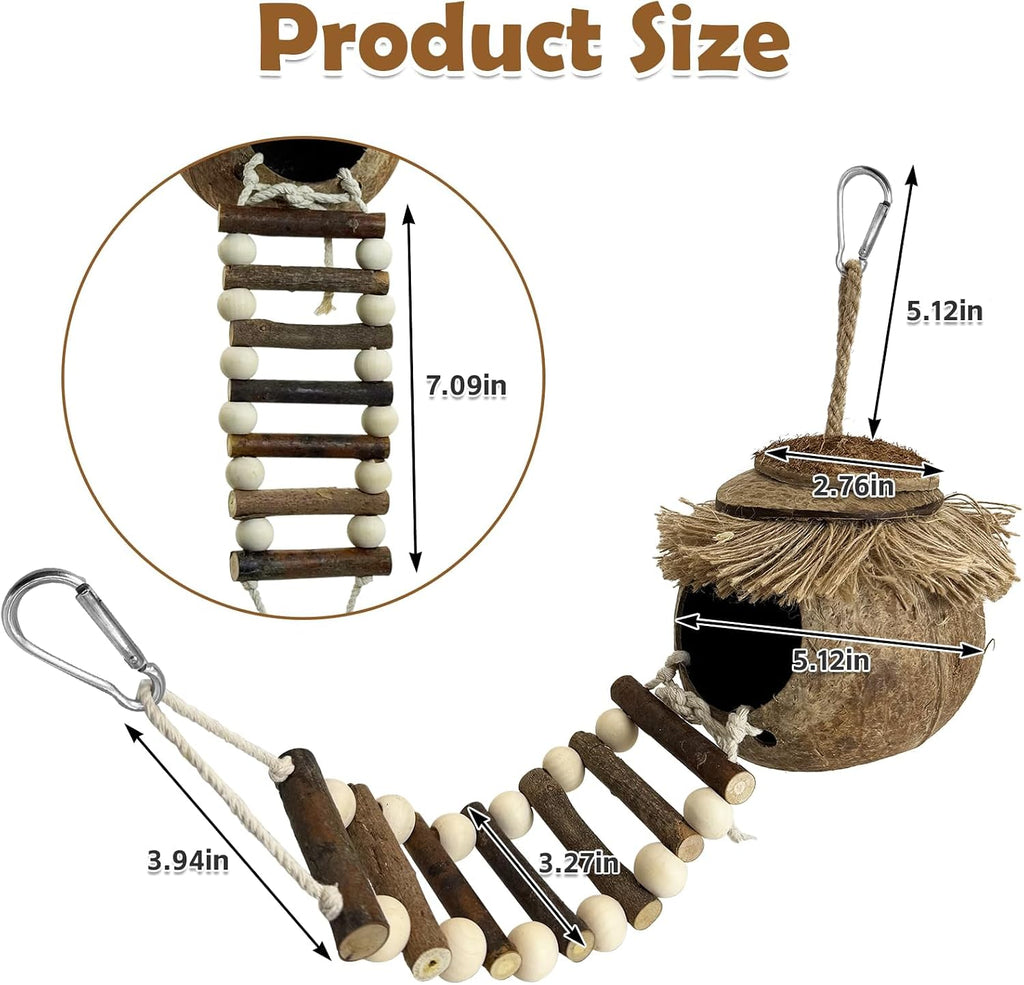 PINVNBY Hanging Coconut Bird Nest Hut with Ladder, Natural Coconut Hide Lovebird House Fruit Wood Bird Swing for Parakeet Cockatiel Budgie Conure Canary Finch Budgies