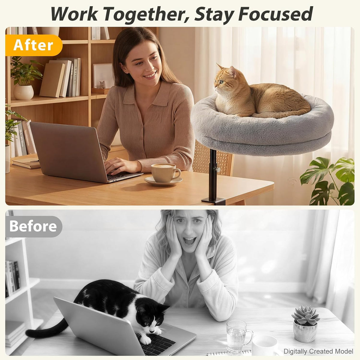 Sunhoo Cat Desk Bed 360° Rotating Height Adjustable Desktop Mount Hammock Kitten Perch Easy Setup Kitty Nest Table Clamp-on Attachment for Indoor Cats Washable 17" Diameter Hold Up to 40lbs（Grey）