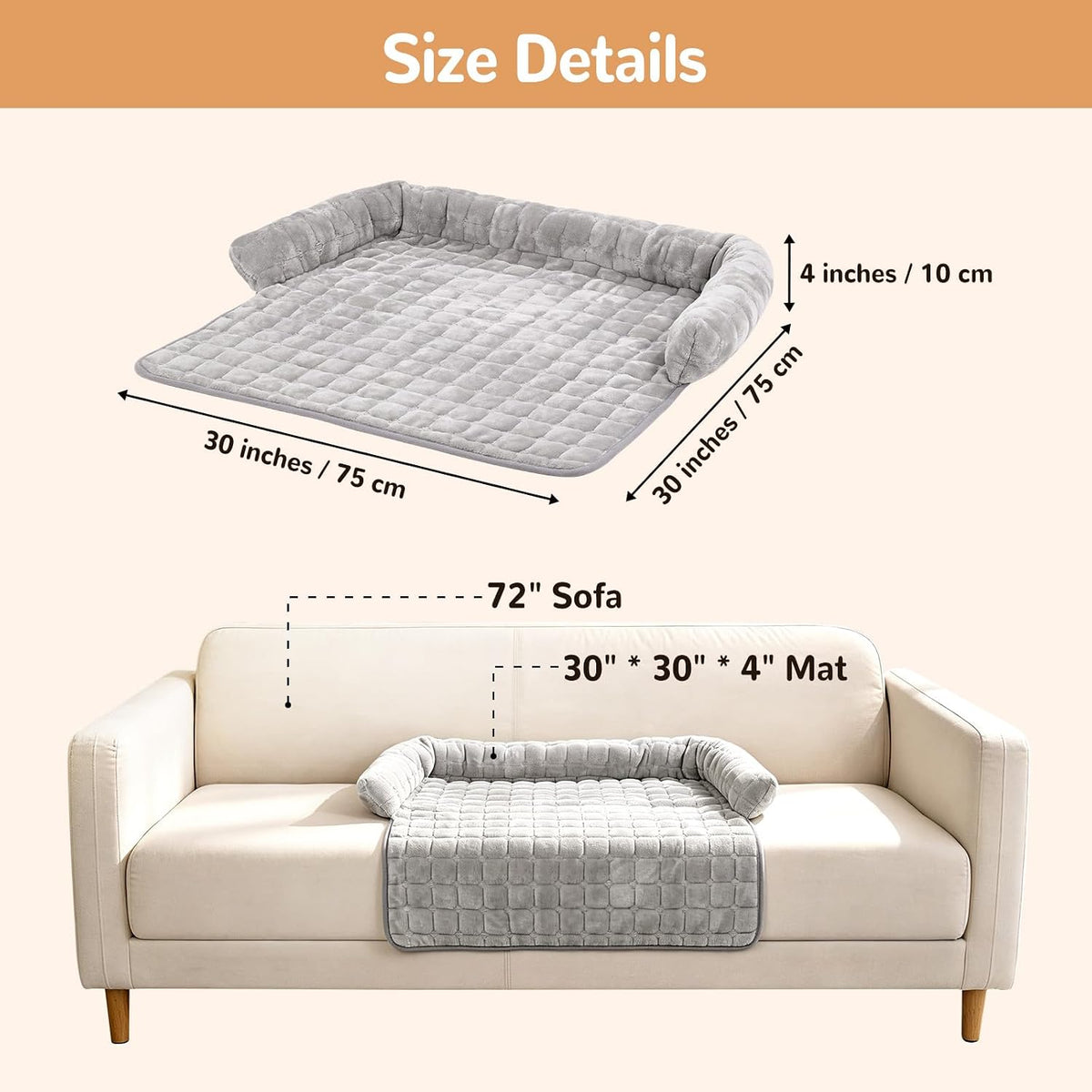 YooxArmor Plush Dog Couch Bed, Washable Removable Pet Sofa Mat with Raised Edge & Non-Slip Bottom, Furniture Protector Bed for Small Medium Dogs Cats