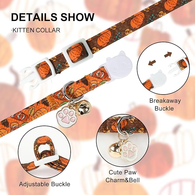 Unique Style Paws Pumpkin Kitten Collar, 2 Pack Halloween Cat Collar - Image 3