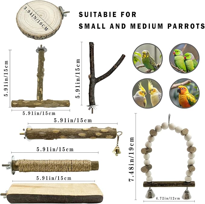 7Pcs Natural Wooden Bird Perch Set – Parrot Perch Toys, Wooden Perch Swing - Image 2