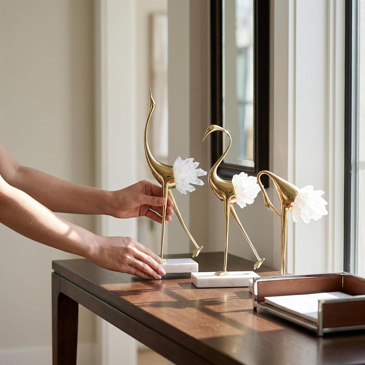 Elegant Gold Crane Bird Statues with Crystal Tail Accents, Decorative Brass Figurines for Home Decor (White C)