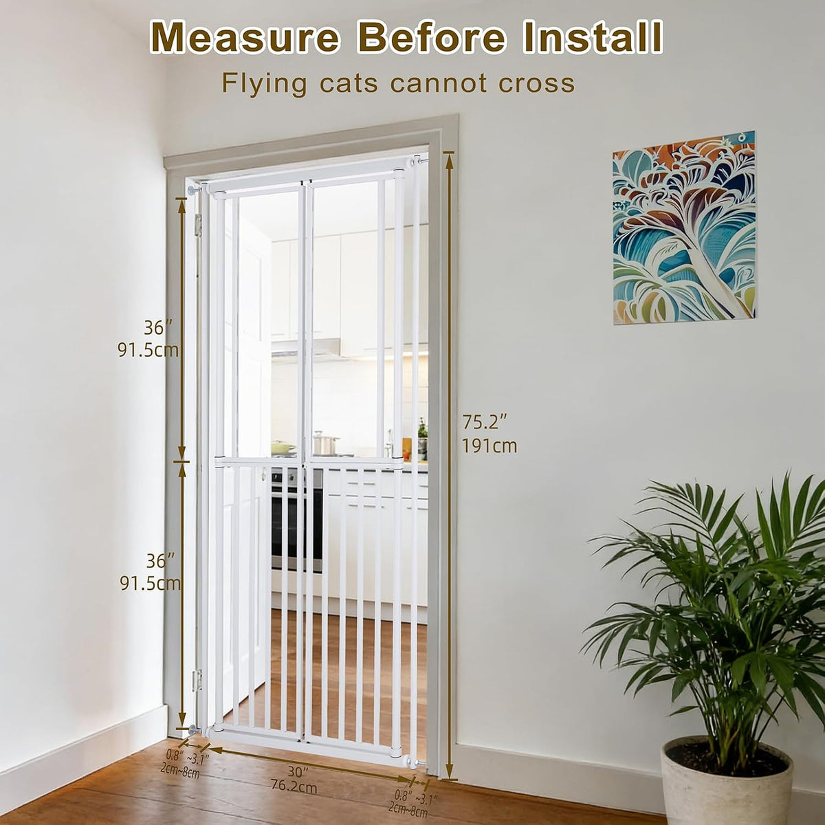 Extra Tall Cat Gate for Doorway – 75.2“ Pressure-Mounted Transparent Cat Gate for Pets, Fits 30”-36" Width, No Wall Drilling, Ideal for Stairs, Hallway, Indoor Safety Barrier