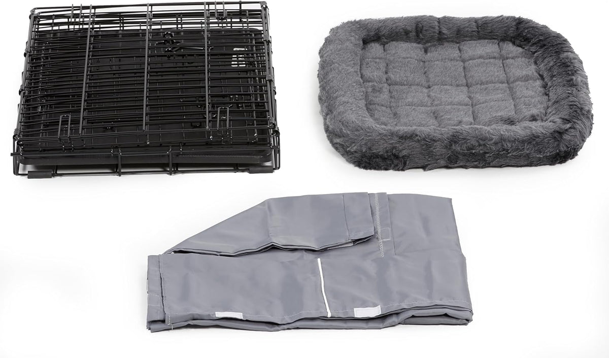 MidWest Homes for Pets Double Door 24-inch Dog Crate Kit, Bundle Includes a Two-Door Cage, Matching Gray Bed and Crate Cover, For Small Breeds