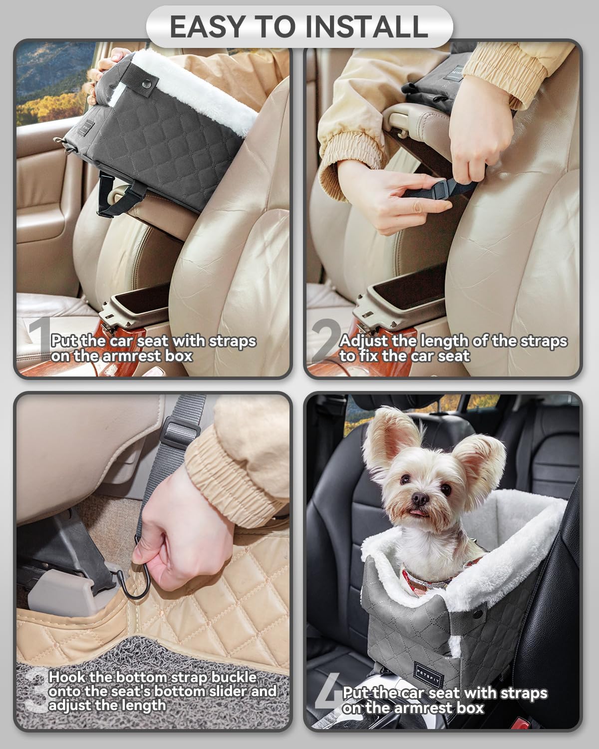 PETSFIT Center Console Dog Car Seat with Adjustable Seat-Rail Anchor Hooks