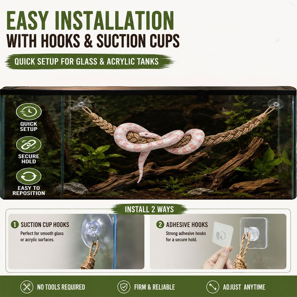 Ball Python Tank Accessories Snake Climbing Rope with Suction Cups & Hooks