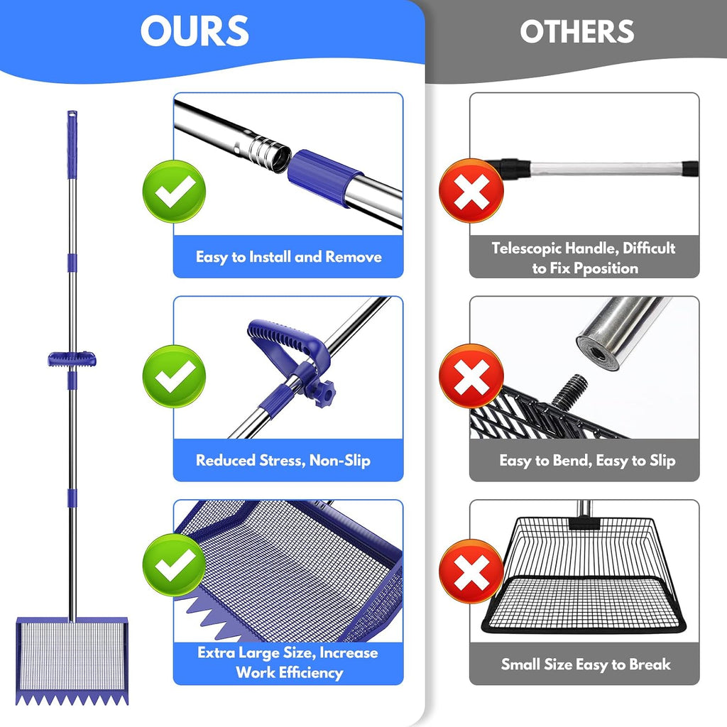 Chicken Poop Scooper Rake 2-in-1,304 Stainless Steel Shovel Head, Chicken Litter Scoop with Handle for Chicken Coop for Sand, Pet Waste Cleaning, Litter Sifting Shovel (35 to 65") (Blue, 10inch)