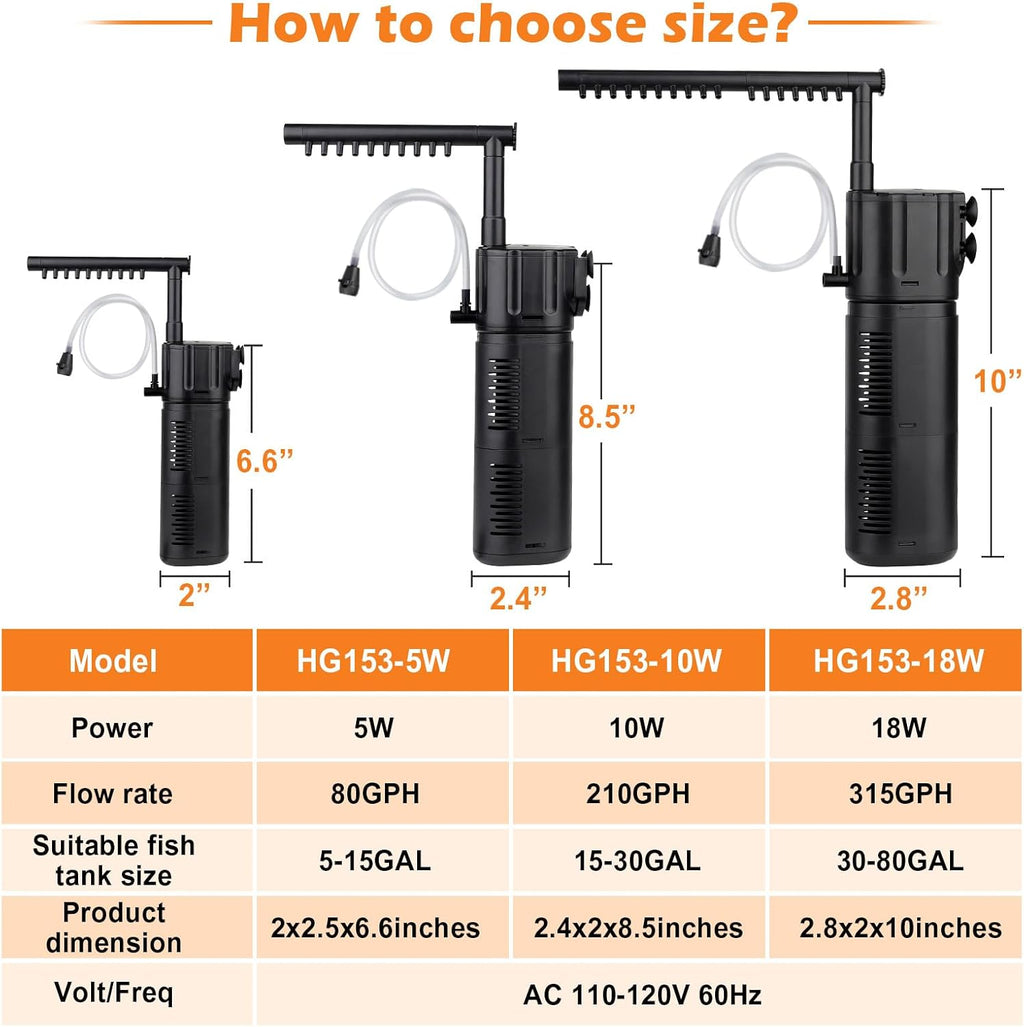 hygger Aquarium Internal Filter, Flow Rate Adjustable 4 in 1 Submersible Fish Tank Filter with Aeration System,Filtration/Oxygenation/Waveker/Circulation (for 5-15 Gallon Tank)