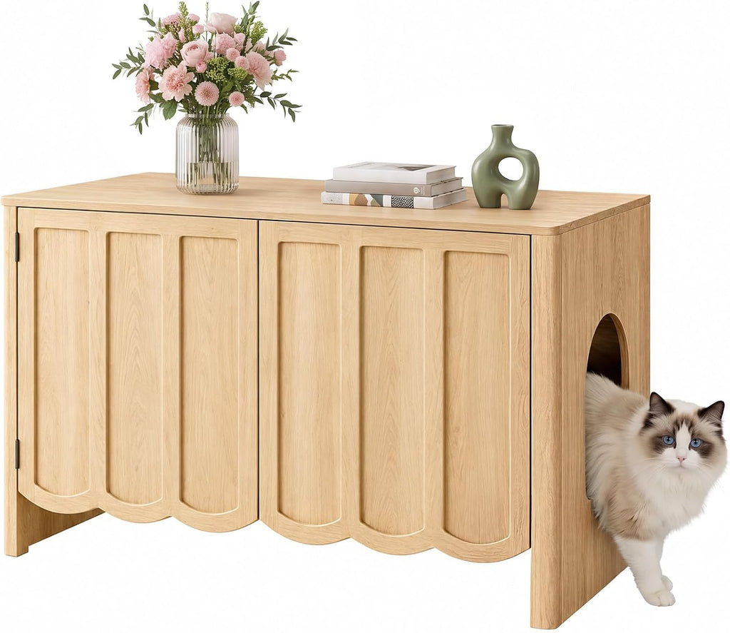 HOOBRO Cat Litter Box Enclosure, 31.5" Hidden Litter Box Furniture with Wavy Panels & Side Entry, Push-to-Open Doors, Litter Box Cabinet, Living Room End Side Table, Walnut WL27MW01