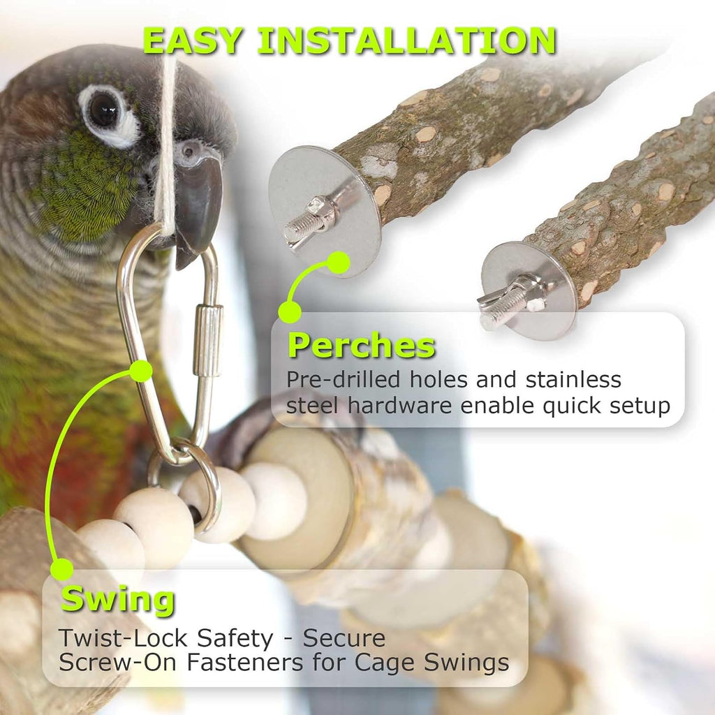Bird Perch Swing, Large Natural Wood Parrot Toys, 1PC Parrot Swing and 2PCS Perches, Bird Cage Accessories