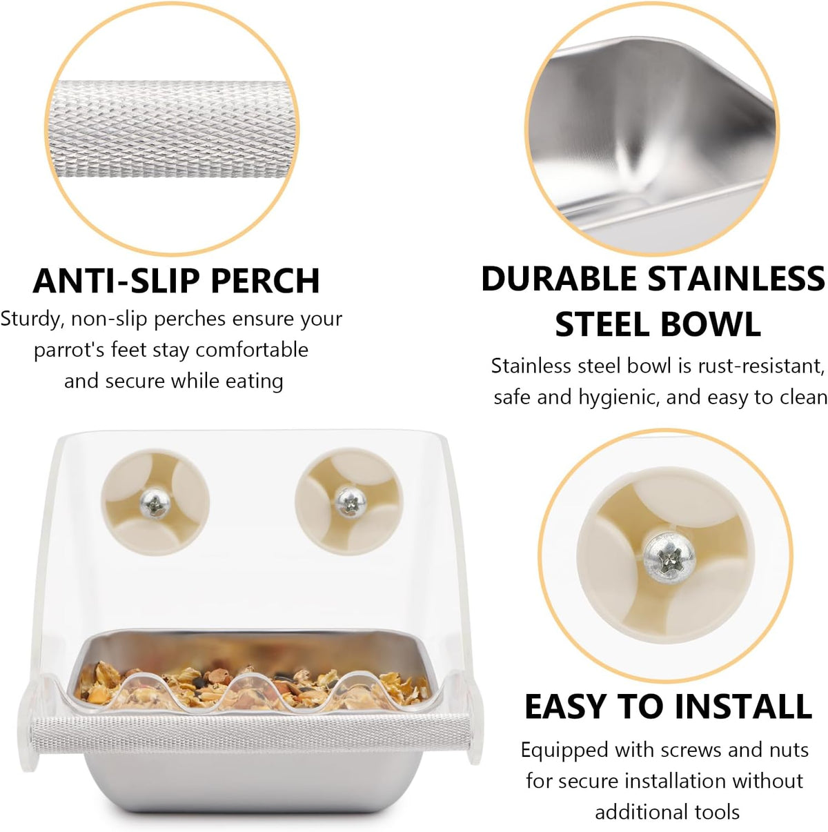 Hypeety Transparent No Mess Bird Feeder for Cage with Anti-Slip Perch