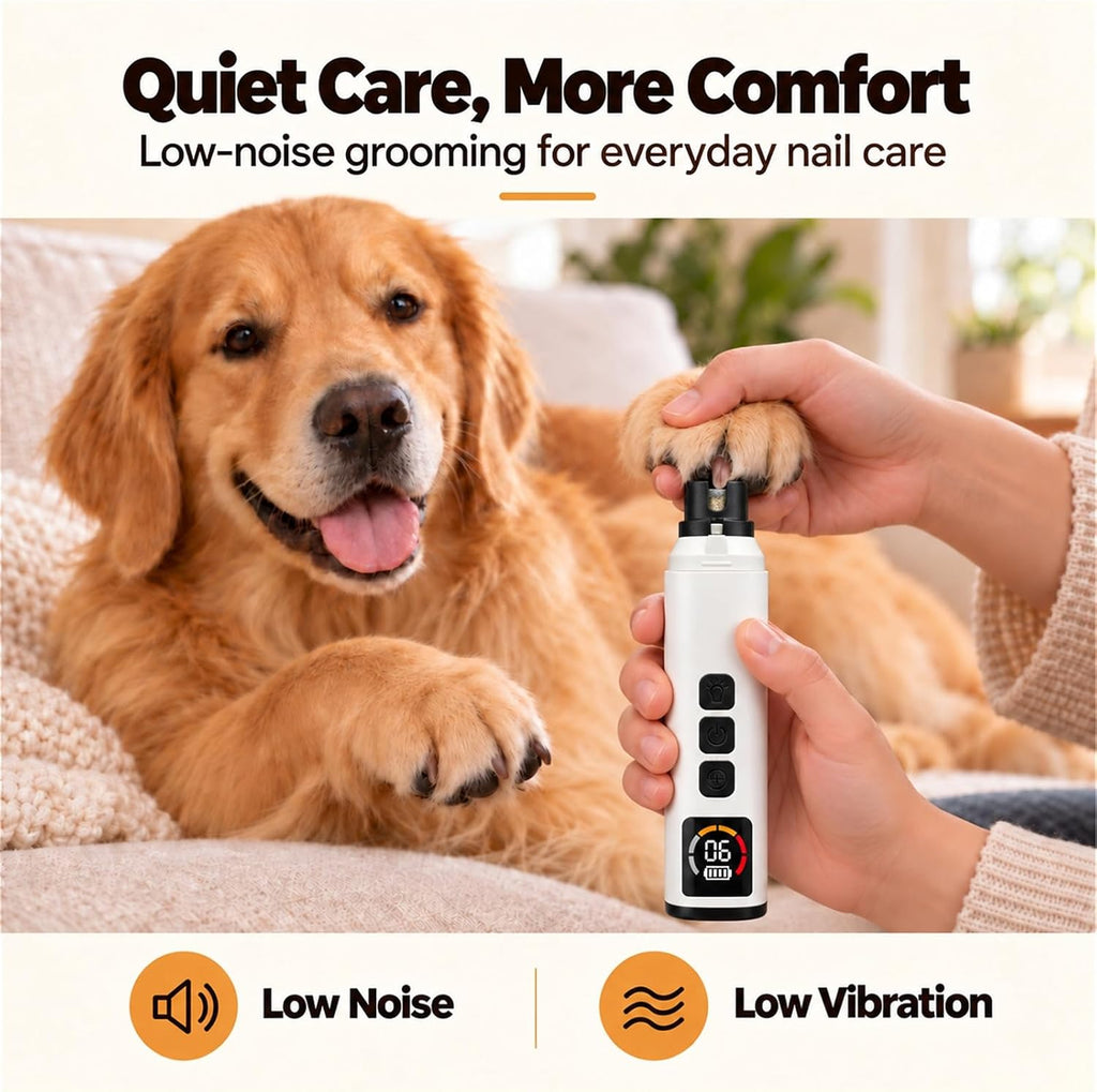 Dog Nail Grinder with 30dB Ultra‑Quiet Brushless Motor, 6‑Speed (6000‑12000RPM), 3‑Port System, LED Lights, 8H Battery, Dust Cap – Painless Grooming for Small, Medium & Large Dogs & Cats