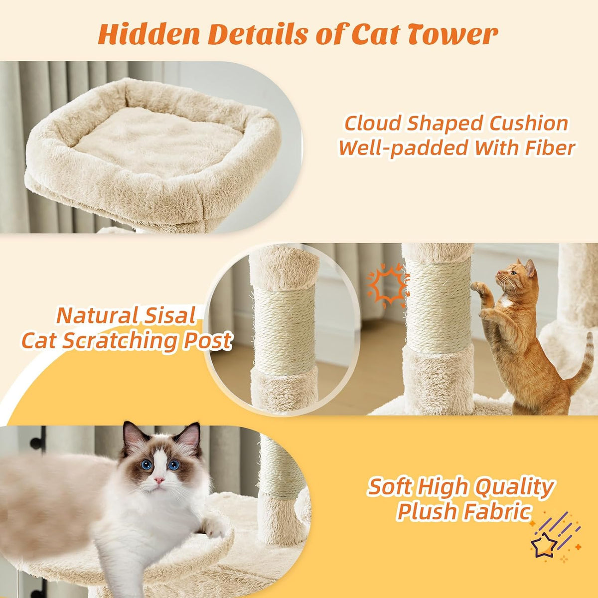DUMOS Small 44 in Cat Tree Tower with Natural Sisal Scratching Posts