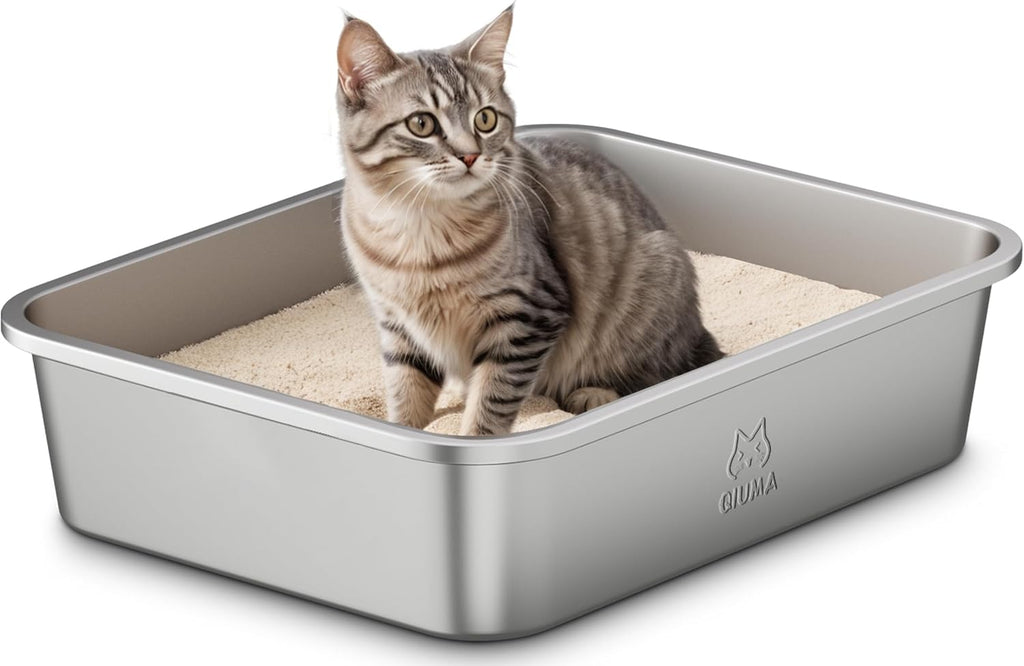 Stainless Steel Cat Litter Box, Metal Kitty Litter Box for Small Cats, Non-Stick, Easy to Clean, Odor-Free, 15.6"×11.6"×3.9", Low Entry for Kittens, Rabbits & Small Breeds
