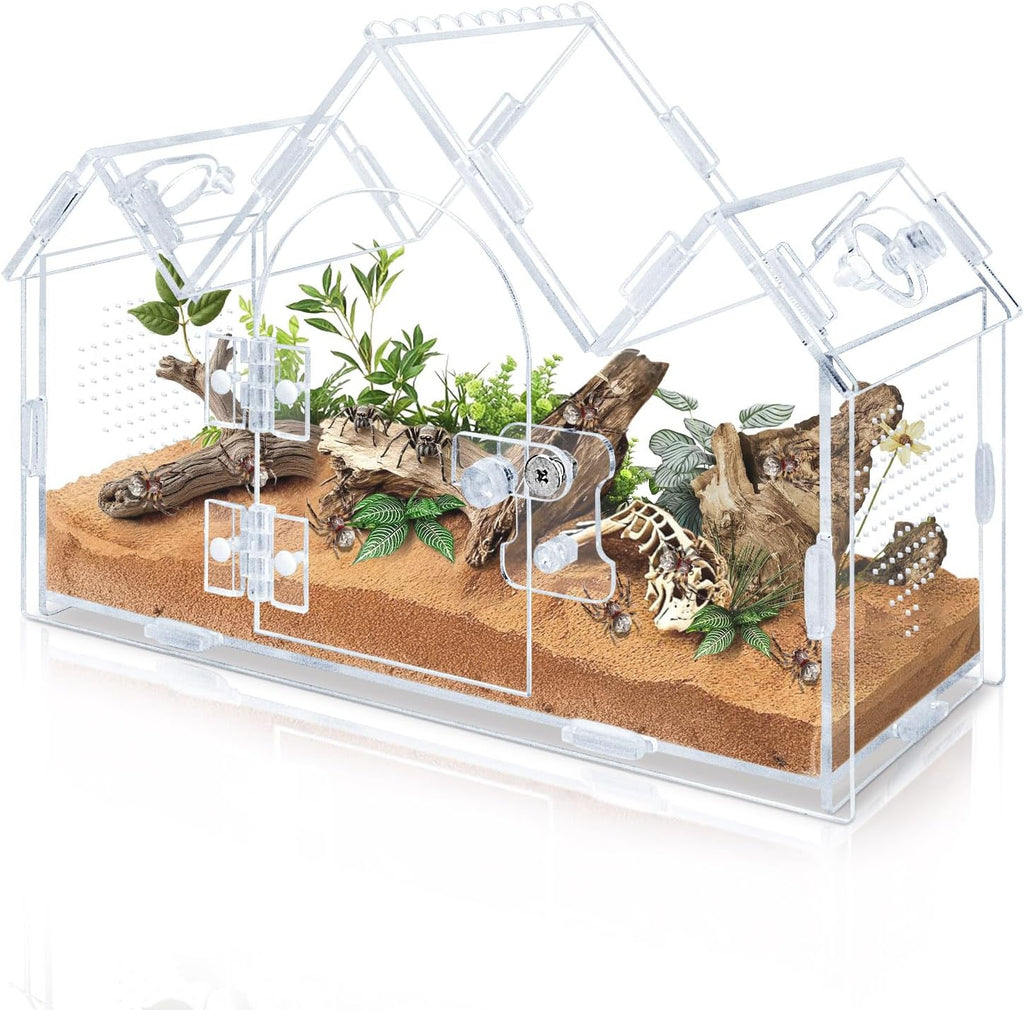 Castle Style Jumping Spider Enclosure, 9.5"x4.3"x6.7"Acrylic Cabin Terrarium with Front Opening Door & Feeding Holes, Insect Terrarium Kit
