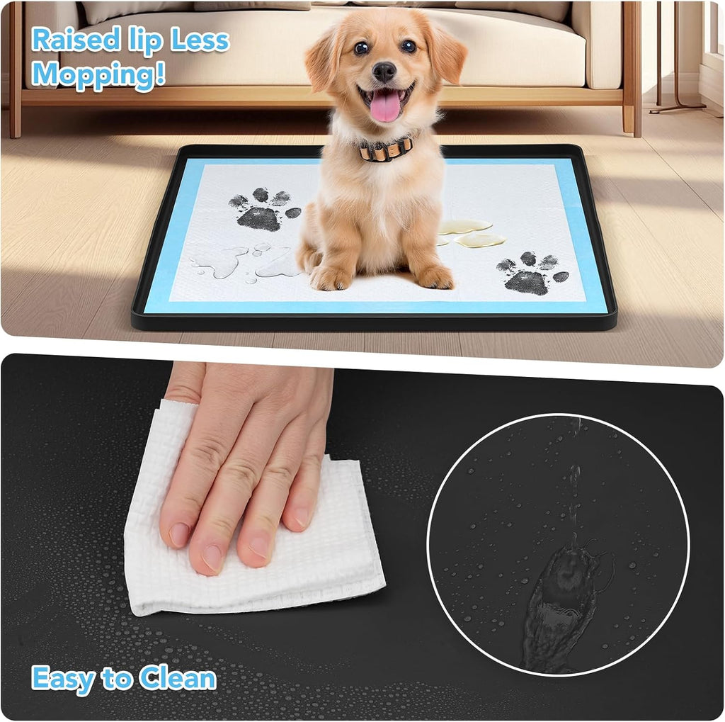 Pee Pad Holder for Dogs, Dog and Puppy Pee Pads Holder, 24"x24" Non-Slip & Leak-Proof & Portable Silicone Mat with Raised Edge Design, Square Puppy Potty Training Tray for Home Floor Protection(Black)