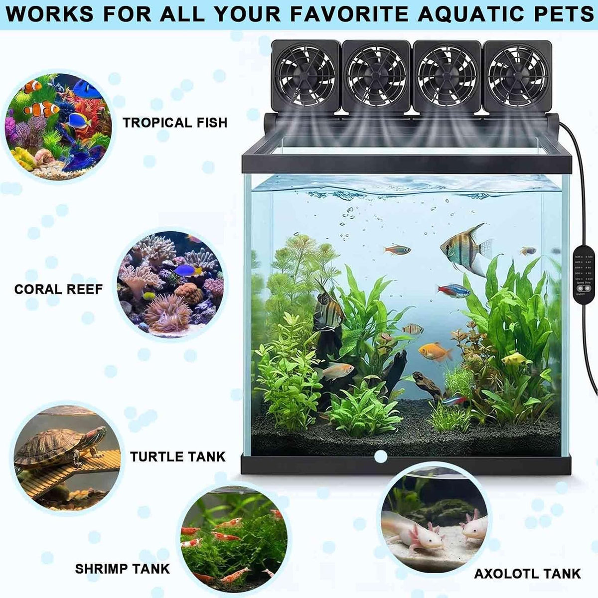 4-Fans Aquarium Chiller with Adjustable 5 Speed Controller 5 Timer Setting, Fish Tank Fan Aquarium Cooling Fan, 90° Adjustment Aquarium Cooler Fan Quiet for Tank Home Office