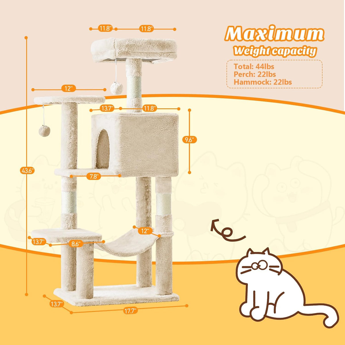 DUMOS Small 44 in Cat Tree Tower with Natural Sisal Scratching Posts