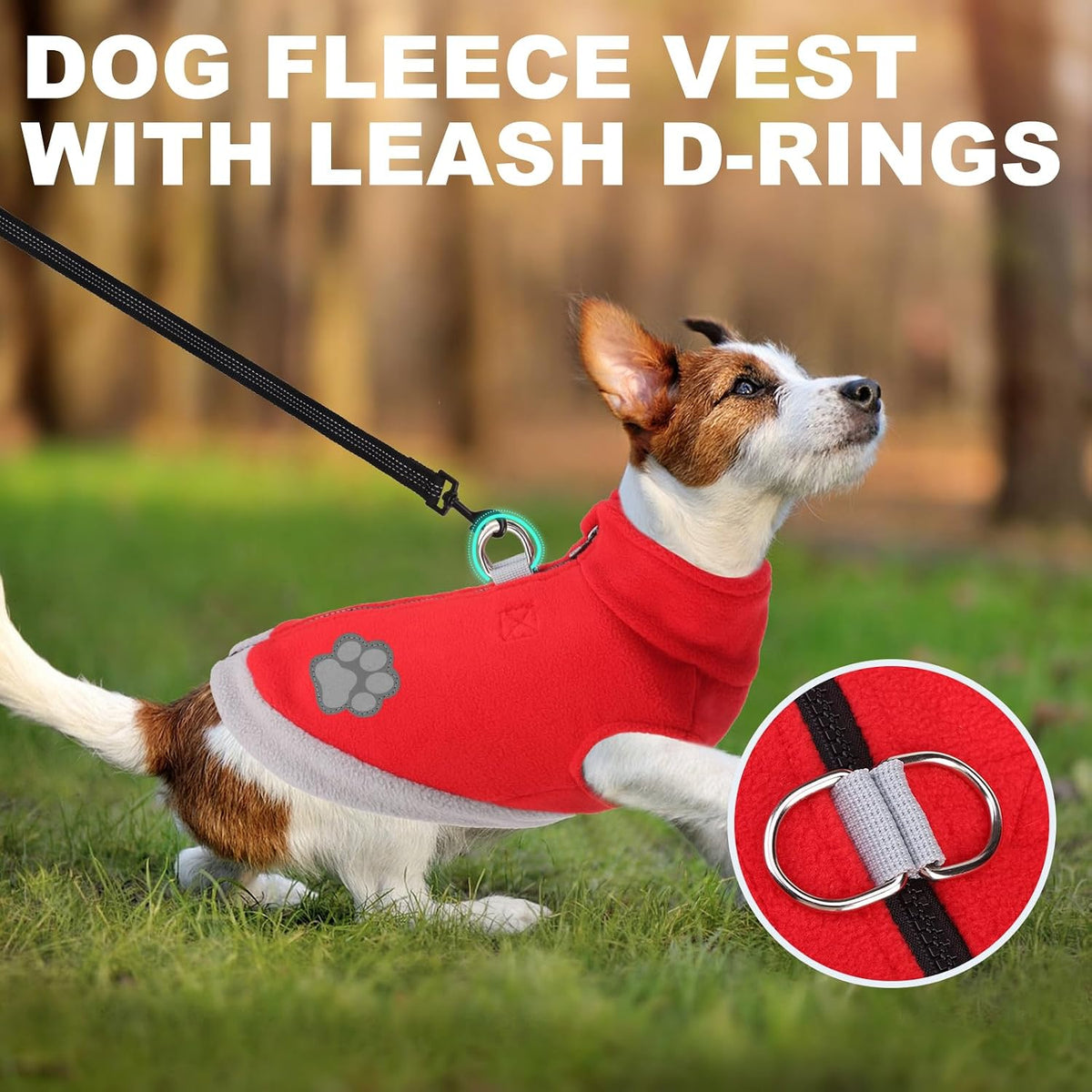 Mihachi Dog Fleece Vest Sweater Zip Up Warm Pullover Step-in Dog Jacket with Dual D-Ring Leash, Winter Cold Weather Reflective Coat Clothes Hoodie for Small Medium Dogs Puppy Cat Boy Girl, Red S
