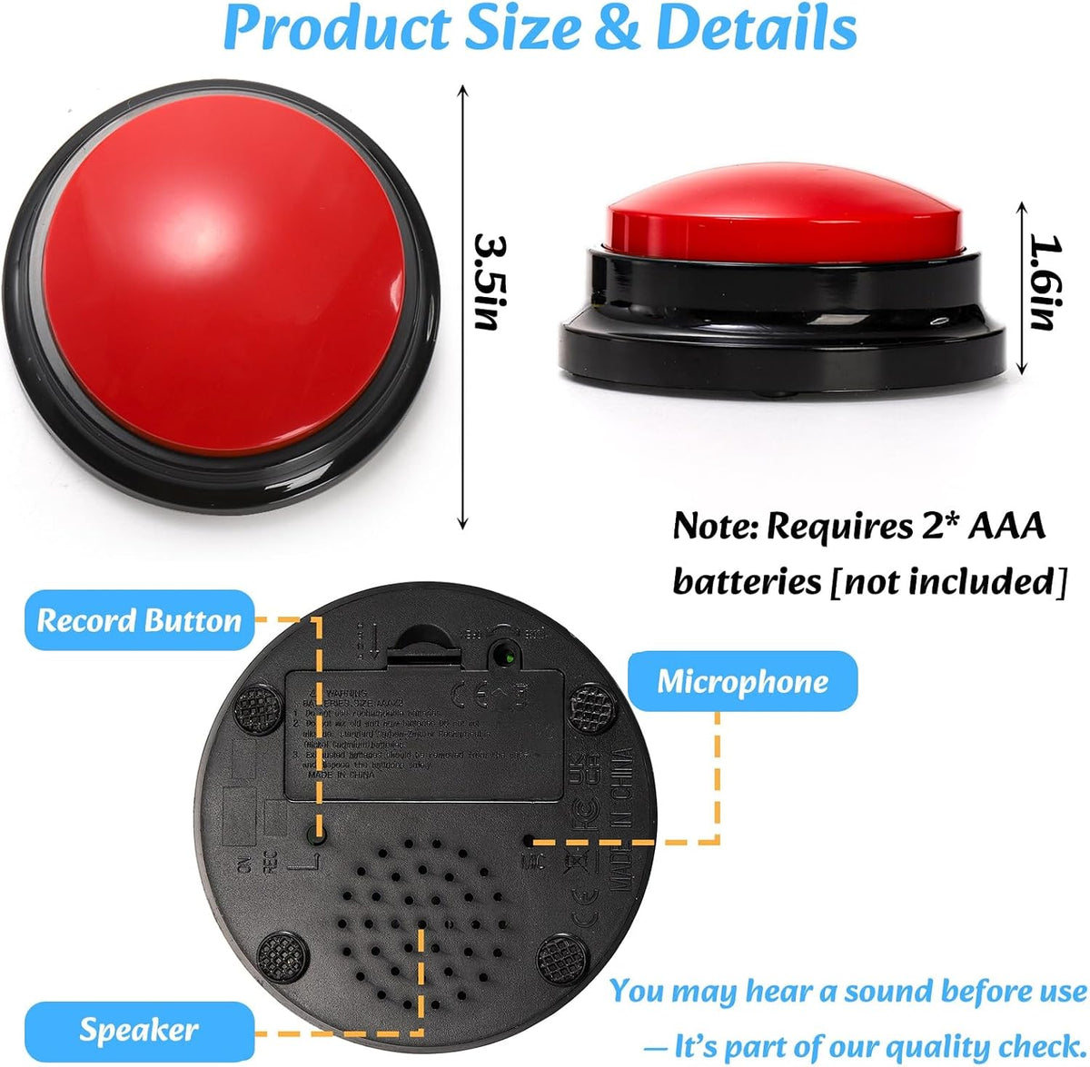 6 Pack Voice Recording Button, 6 Colors Dog Buttons for Communication Pet Training Buzzer, 30 Seconds Record & Playback, Funny Record Buttons for Pet, Classroom, Office, Home