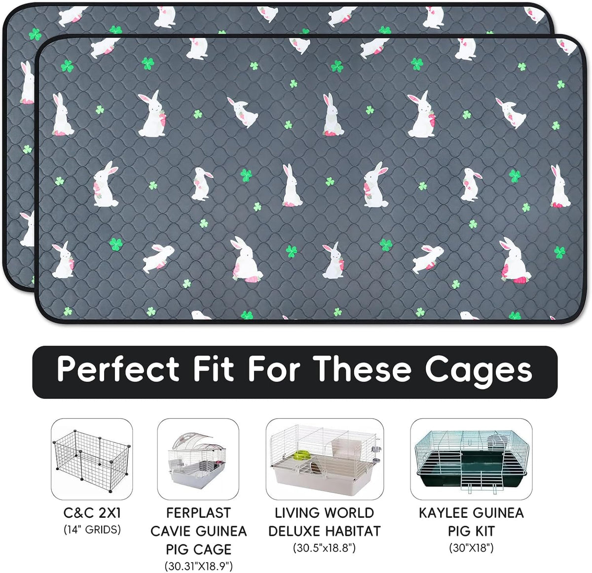2 Pack Guinea Pig Cage Liners, Washable Guinea Pig Pee Pads Waterproof Reusable & Anti Slip Guinea Pig Bedding Fast and Super Absorbent Pee Pad Tarp Bottom for Small Animals (Rabbit Pattern 24" X 47")