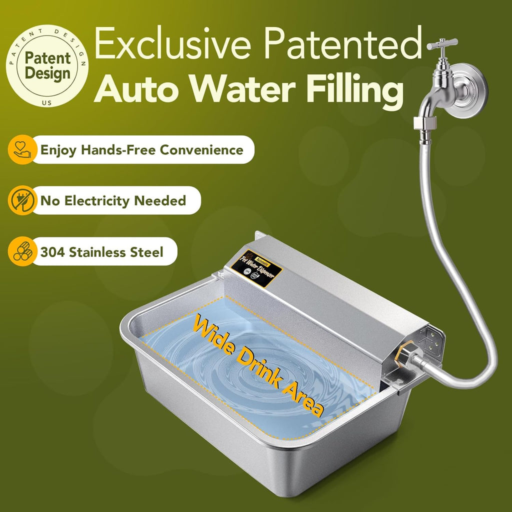 Automatic Water Dispenser for Dogs 2 Gallons, 304 Stainless Steel Dog Water Bowl Dispenser for Farm Chicken Pets Indoor&Outdoor Dog Waterer Feeder Fit 3/4'' GHT Faucet Auto Filling Wide Drinking Area