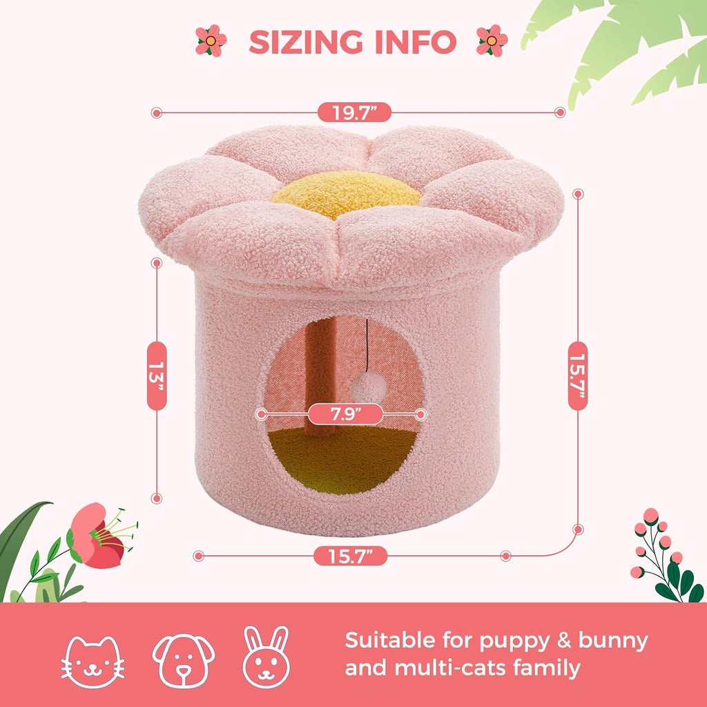 PETEPELA 20" Cute Cat Tree House with Removable Flower Bed, Pink